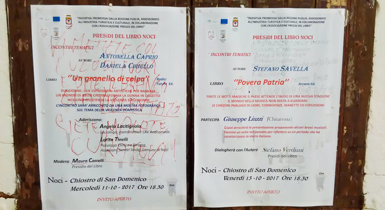 “Siete malate curatevi”, scritte sessiste sulle locandine dei Presidi del Libro “Siete malate curatevi”, scritte sessiste sulle locandine dei Presidi del Libro