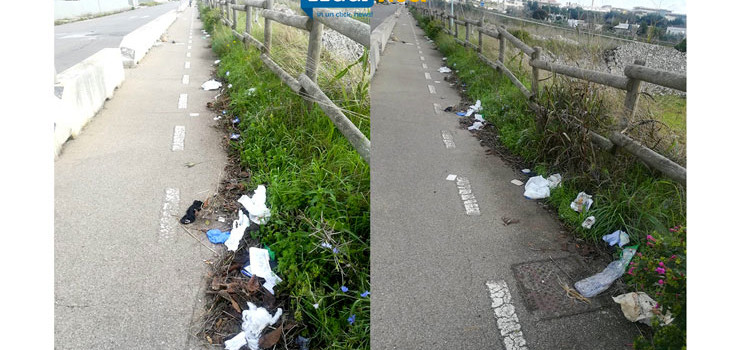 Pista ciclopedonale disseminata di rifiuti