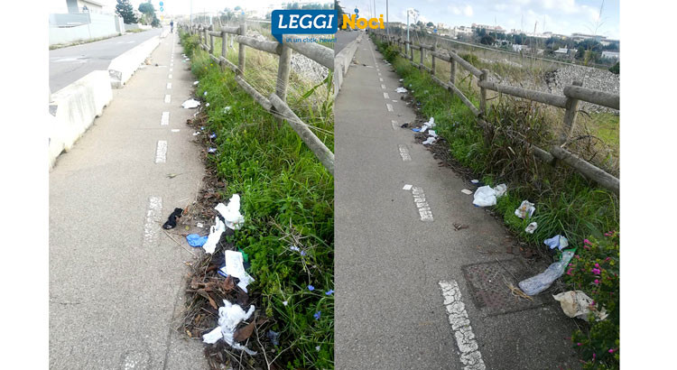 Pista ciclopedonale disseminata di rifiuti